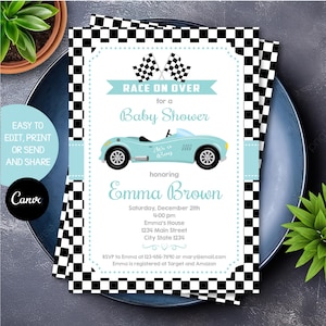 Bearbeitbar, Rennwagen-Babyparty-Einladung, Baby, Aqua Blau, Grau, Canva-Vorlage, INSTANT DOWNLOAD