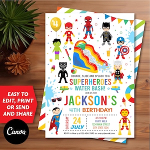 May include: A colorful invitation for a superhero-themed water bash birthday party. The invitation features a cartoon illustration of various superheroes, including Spiderman, Captain America, Iron Man, and Thor. The text reads "Bounce, Slide and Splash to a Superheroes Water Bash! Join us for Jackson's 4th Birthday! Saturday, July 24th at 2:00 PM. Party Area: 1234 Main Street, City State 1234. RSVP to Mary at 123-456-7890 or mary@email.com."