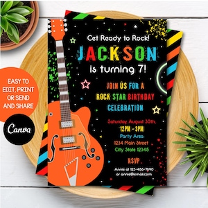Editable Rock Star Birthday Invitation, Rock Stars Party, 50&#39;s Invitation, Guitar Invitation, Canva template, INSTANT DOWNLOAD