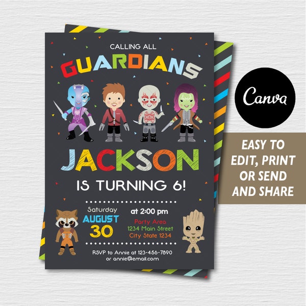 EDITABLE, Guardians Invitation, Kids Birthday Invitation, Canva template, chalkboard, INSTANT DOWNLOAD