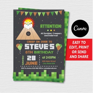 EDITÁVEL, Convite para videogame, Convite pixelado, Convite para boliche, Festa de boliche, Aniversário de boliche, Modelo Canva, DOWNLOAD INSTANTÂNEO