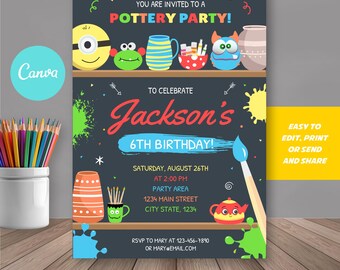 Editable Painting Pottery Birthday Invitation, Boy Pottery Painting Party, Boy Pottery Invitation, Canva template, INSTANT DOWNLOAD