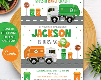 May include: Birthday party invitation featuring a green and orange garbage truck design. The invitation includes the text "SMASH! BANG! CRASH!" and "JACKSON IS TURNING 2". Additional text includes party details and RSVP information.