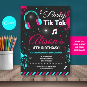 Editable Tik Tok Birthday Invitation, Kids Party, Musical Birthday Invitation, Canva Template, INSTANT DOWNLOAD