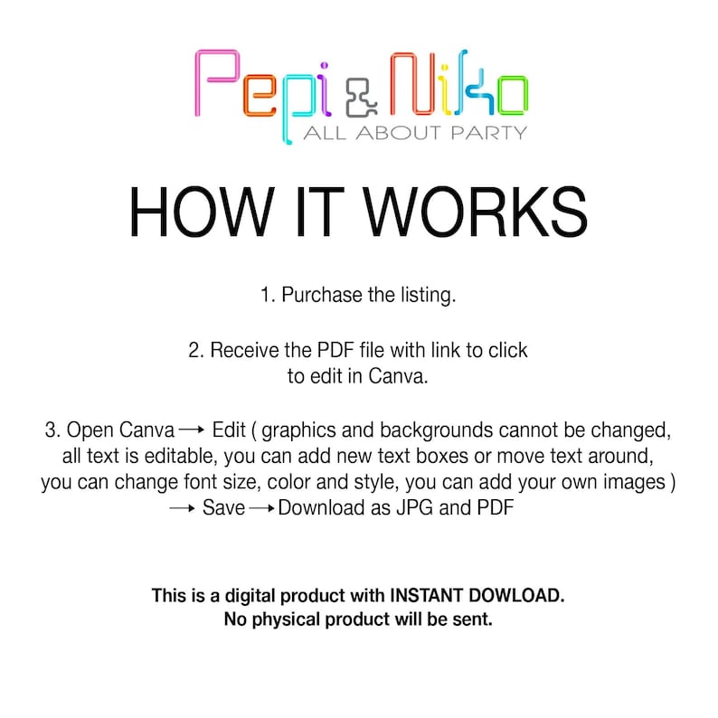 May include: A white background with black text explaining how to use a digital product. The text says "Pepi & Niko All About Party" in colorful letters at the top. The text says "HOW IT WORKS" in large black letters. The text explains how to purchase the listing, receive the PDF file, edit the file in Canva, and download the file as JPG and PDF. The text says "This is a digital product with INSTANT DOWNLOAD. No physical product will be sent."