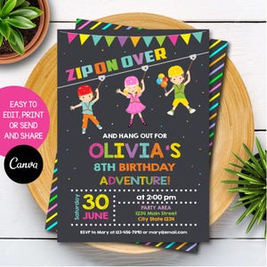 Redigerbar, Zipline-födelsedagsinbjudan, Zipline-inbjudan för tjejer, utomhusäventyrsfödelsedag, Zipline-fest, Canva-mall, DIREKT NEDLADDNING