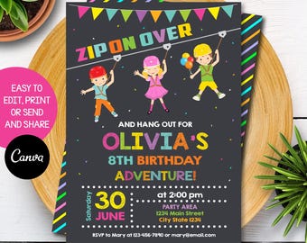 Może przedstawiać: Kolorowe zaproszenie na urodziny z czarnym tłem i tekstem "Zip On Over" i "Olivia's 8th Birthday Adventure!" Zaproszenie zawiera datę 30 czerwca, godzinę 14:00 i adres miejsca imprezy.