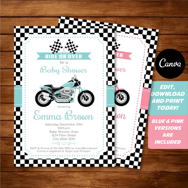 Editable, Motorcycle Baby Shower Invitation, Aqua Blue, Pink, Canva Template, INSTANT DOWNLOAD