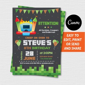 Convite de videogame autoeditável, convite pixelado, convite de pula-pula, festa de pula-pula, modelo Canva, DOWNLOAD INSTANTÂNEO