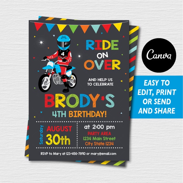 Editable, Motocross birthday Invitation, Dirt Bike Invitation, Motocross party, Motorbike Invitation, Canva template, INSTANT DOWNLOAD