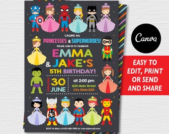 Self Editable, Princesses and Superheroes Birthday Invitation, Princesses and Superheroes Party, Canva template, INSTANT DOWNLOAD