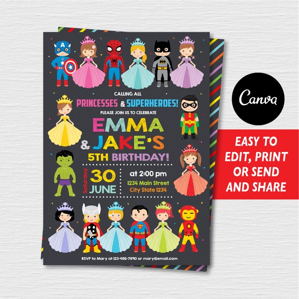 Self Editable, Princesses and Superheroes Birthday Invitation, Princesses and Superheroes Party, Canva template, INSTANT DOWNLOAD