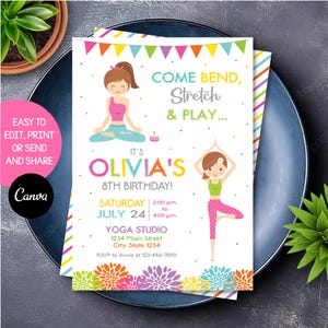 Editable Yoga Birthday Invitation, Yoga Party, Yoga Girls Birthday Invitation, Canva template, INSTANT DOWNLOAD