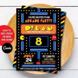 Bearbeitbare Arcade-Geburtstagseinladung, Arcade-Party, Arcade-Einladung, Chalkboard, Canva-Vorlage, Sofort-Download, Digital Printable