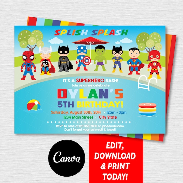 EDITABLE, Superhero Pool Party Invitation, Superheroes Birthday, Pool Invitation, Canva template, INSTANT DOWNLOAD