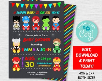 printable card baby shower superman shower printable party baby shower Marvel superhero baby shower invititation supplies shower prints