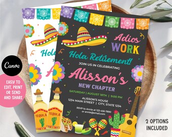 Editable Mexican Fiesta Retirement Invitation, Floral Retirement Party Invite, Adios Work Hola Retirement, Cactus Guitar Decor, Canva