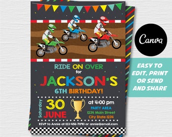 Self editable - Motocross Birthday Invitation, Motocross Party, Canva template, Chalkboard, INSTANT DOWNLOAD