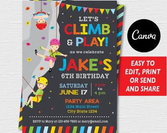 Editable, Rock Climbing Invitation, Rock Climbing Party, Rock Climbing Birthday, Canva template, Chalkboard, INSTANT DOWNLOAD