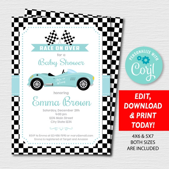 Editable Racing Car Baby Shower Invitation Baby Boy Aqua Etsy