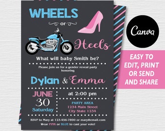 Self editable - Wheels or Heels Invitation, Gender Reveal Invitation, Chalkboard, Canva template, INSTANT DOWNLOAD