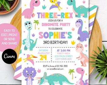 Editable Dinosaur Birthday Invitation, Three-Rex Dinosaur Invitation, Dinosaur Party, Dino Invitation, Canva, INSTANT DOWNLOAD