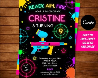 Editable, Paintball Birthday Invitation, Paintball Party, Neon Colors, Girls Birthday, Canva template, INSTANT DOWNLOAD