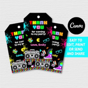 Self editable - Eighties Favor tags, Eighties Birthday, 80&#39;s Party, Thank you note, Canva template, INSTANT DOWNLOAD