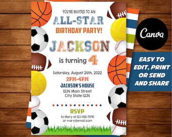 Self editable - All-Star Birthday invitation, All-Star Party, Sports Birthday Invitation, Canva template, INSTANT DOWNLOAD