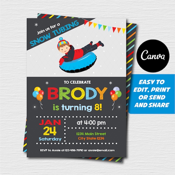 Modifiable, Invitation d’anniversaire de snow tubing, Fête de luge, Fête d’hiver, Fête de neige pour garçons, Modèle Canva, TÉLÉCHARGEMENT INSTANTANÉ