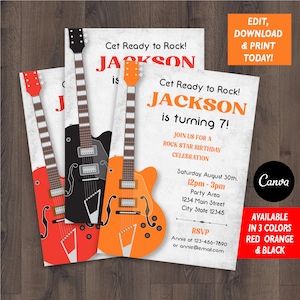 Editable, Rock Star Birthday Invitation, Rock Stars Party, Guitar Invitation, Canva template, INSTANT DOWNLOAD