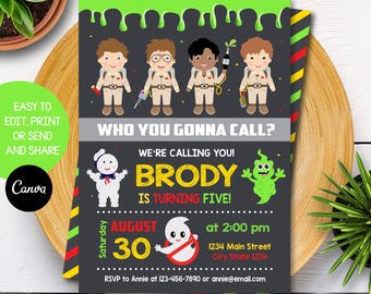May include: A green, black, and yellow birthday invitation with a ghostbusters theme. The invitation says "Who you gonna call?" and "We're calling you! Brody is turning five!"  The invitation also includes a date, time, and address.
