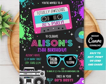 Eighties Birthday Invitation, Editable 80's Invitation, Neon Eighties  Invitation, 80's Party, Canva Template, INSTANT DOWNLOAD