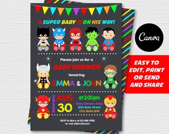 Editable, Superhero Baby Shower Invitation, Superheroes party, Superhero Canva Template, Chalkboard, INSTANT DOWNLOAD