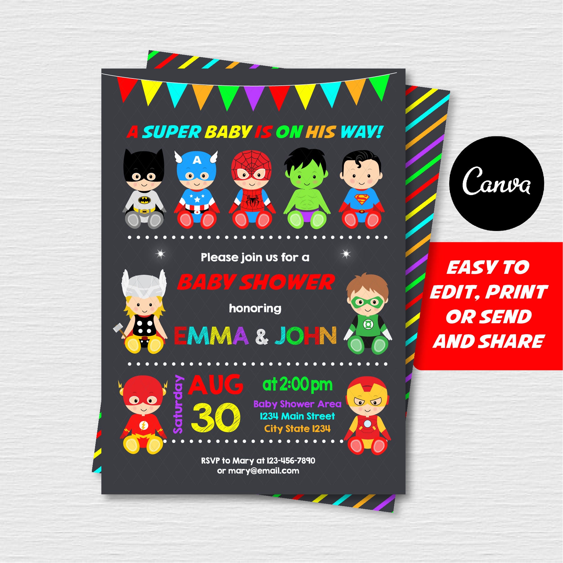 Editable, Superhero Baby Shower Invitation, Superheroes party, Superhero Canva Template, Chalkboard, INSTANT DOWNLOAD