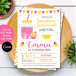 EDITABLE, Lemonade Birthday Invitation, Lemonade Party, Sunshine and Lemonade Invitation, Pink Lemonade Invite, Canva, INSTANT DOWNLOAD