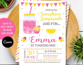 EDITABLE, Lemonade Birthday Invitation, Lemonade Party, Sunshine and Lemonade Invitation, Pink Lemonade Invite, Canva, INSTANT DOWNLOAD