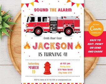 Bearbeitbares Feuerwehrauto Geburtstagseinladung, Feuerwehrauto-Einladung, Feuerwehrauto-Party, Feuerwehrauto-Geburtstag, Canva, INSTANT DOWNLOAD