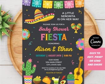 Editable Little Senorita Baby Shower Invitation, Mexican Fiesta Girl Baby Invite, Colorful Floral, Cactus Sombrero Decor, Chalkboard, Canva
