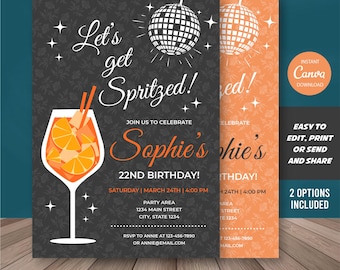 Editable Aperol Spritz Birthday Invitation, Hand Drawn Aperol Spritz Birthday Invite, Let's Get Spritzed, INSTANT DOWNLOAD