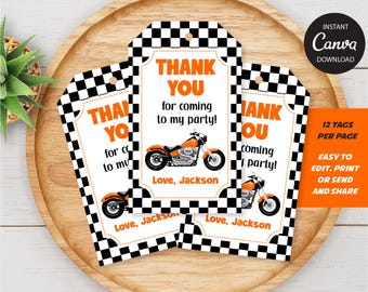 May include: Three motorcycle-themed thank you tags with a black and white checkered border. Each tag has the words "THANK YOU" in orange, along with a motorcycle graphic and the text "for coming to my party!" and "Love, Jackson."