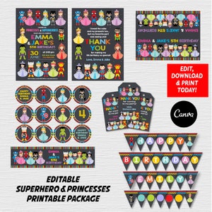 Pacote EDITÁVEL para impressão de aniversário de princesa e super-herói, festa de princesas e super-heróis, modelo Canva, DOWNLOAD INSTANTÂNEO