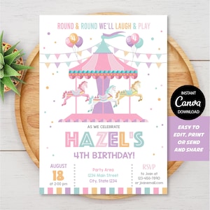 May include: A pastel-colored birthday invitation featuring a carousel design with pink, blue, and yellow accents. The invitation includes the text "HAZEL'S 4TH BIRTHDAY!" and event details.