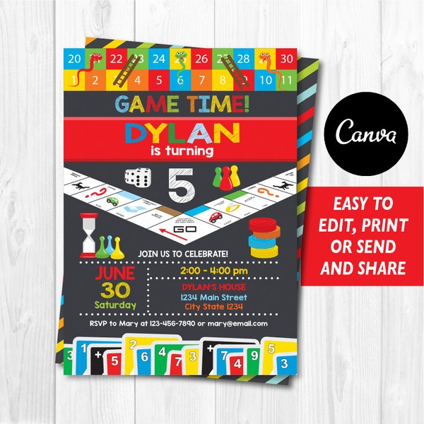 EDITABLE, Game Night Birthday Invitation, Life Board Game, Canva template, Chalkboard, INSTANT DOWNLOAD