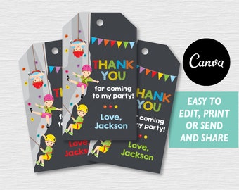 May include: Four colorful thank you tags with a rock climbing theme. The tags feature a black background with colorful flags and a cartoon illustration of a child rock climbing. The text on the tags reads "Thank You for coming to my party! Love, Jackson".