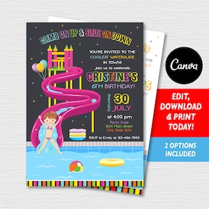 Self editable, Girls Water Slide Birthday Invitation, Water Slide Party, Water Park Invitation, Canva template, Chalkboard, INSTANT DOWNLOAD