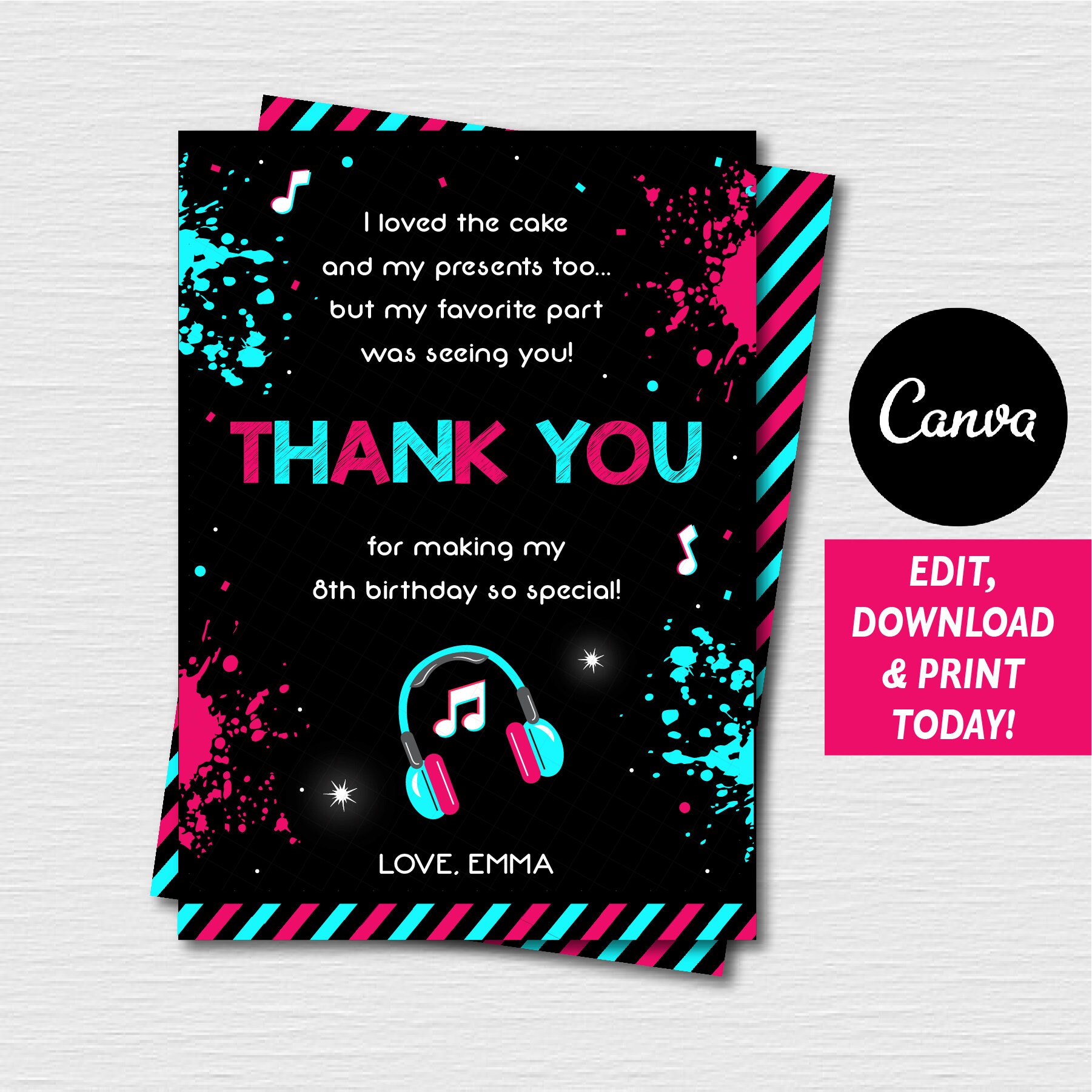 Self Editable - Kids Birthday Thank you card, Thank you Note, Canva Template, INSTANT DOWNLOAD