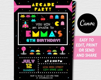 Editable, Arcade birthday invitation, Video game party, Girls Birthday, Canva template, INSTANT DOWNLOAD