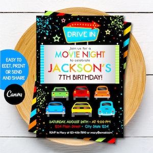 Editable Drive-In Movie Birthday Invitation, Boy Drive-In Movie Invitation, Boy Movie Night Birthday, Canva Template, INSTANT DOWNLOAD