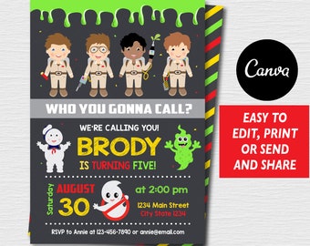 Self Editable, Ghostbusters Birthday Invitation, Kids Party, Canva template, Boys Birthday, INSTANT DOWNLOAD